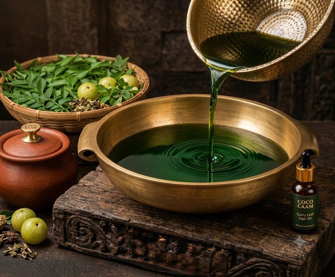 Curry leaf hair oil being poured from a bronze urali, the traditional Kerala way